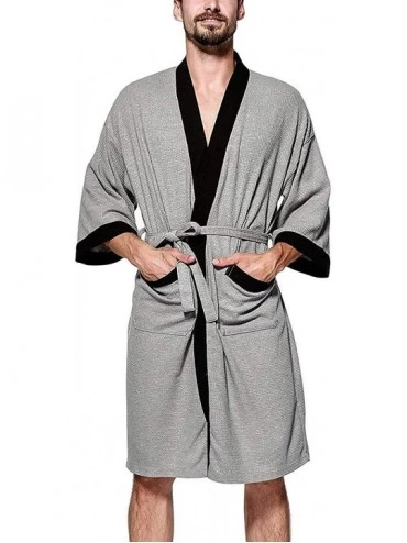 Robes Mens Robe Kimono Cotton Waffle Spa Bathrobe Lightweight Soft Sleepwear Loungewear - Gray-black - C119EDANUMY $57.55