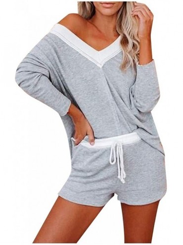 Sets Women Tracksuit 2-Piece- Sold V Neck Shorts Sets Leisure Lounge Wear Sleepwear Suit - Gray - CS19DIL5E6O $46.14