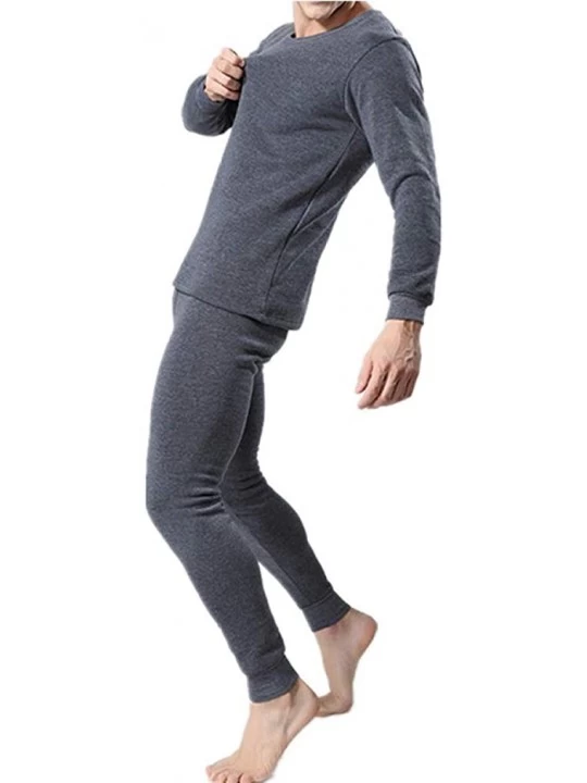 Thermal Underwear Mens Thermal Underwear O-Neck Ultra Soft Long Johns Set Cotton Base Layer Top and Bottom - Dark Grey - C319...