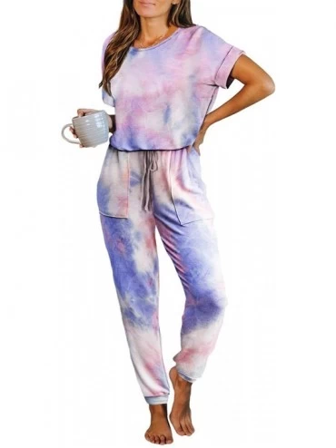 Sets Womens Short Sleeve Tie Dye Long Pajamas Set One Piece Jumpsuit Loose Sleepwear Night Shirts with Pockets Multicolor - C...