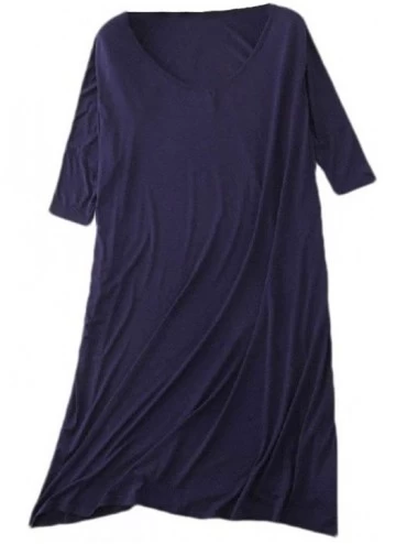 Tops Women V Neck Half Sleeve Mid-Length Pure Color Relaxed Plus-Size Loungewear - Navy Blue - CE190X070I9 $49.59
