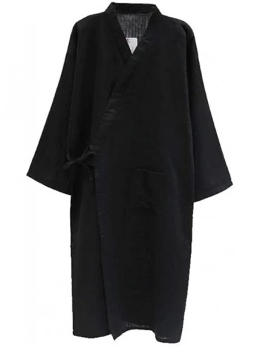 Robes Men Cotton Kimono Bathrobe with Pockets Robe Bamboo Printed Sleepwear - Black - CB1970HX9HZ $21.66