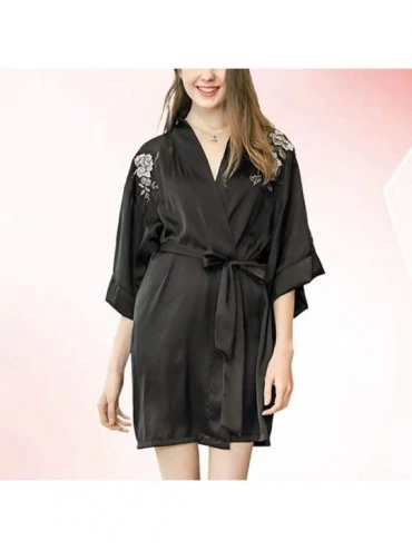 Robes Womens Bathrobe Robe Polyester Kimono Simulation Silk Short Bathrobe Sleepwear Dressing Gown Pajama for Lady Black - Bl...