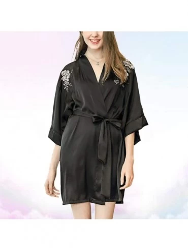 Robes Womens Bathrobe Robe Polyester Kimono Simulation Silk Short Bathrobe Sleepwear Dressing Gown Pajama for Lady Black - Bl...