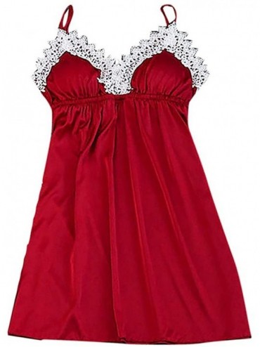 Robes Nightgowns for Women-Sexy V-Neck Backless Lace Chemise Lingerie Soft Silk Satin Sleepwear Pajamas Nightwear - Red - CA1...
