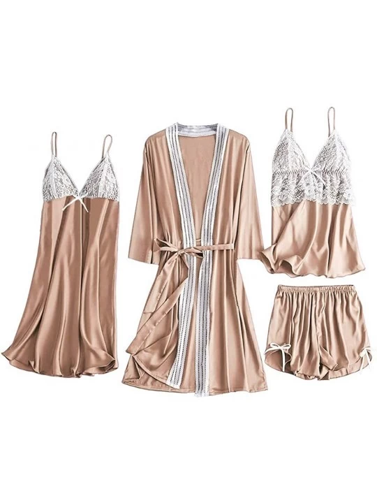 Nightgowns & Sleepshirts 4PC Women Satin Lace Lingerie-Camisole Bowknot Shorts Nightdress-Sexy Robe Pajamas Mini Teddy Sleepw...