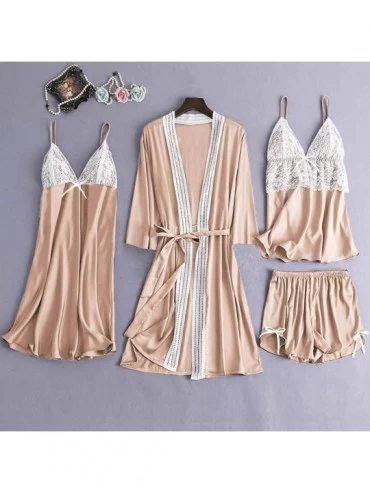 Nightgowns & Sleepshirts 4PC Women Satin Lace Lingerie-Camisole Bowknot Shorts Nightdress-Sexy Robe Pajamas Mini Teddy Sleepw...