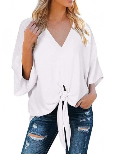 Shapewear T Shirts for Women-Women Summer V Neck Tie Knot Front Bat Wing Blouse Casual Tops Shirts - White - CY18SSW5C56 $12.28