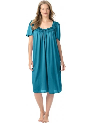 Nightgowns & Sleepshirts Women's Plus Size Short Silky Lace-Trim Gown Pajamas - Deep Teal (0346) - CB1908O3T9I $30.34