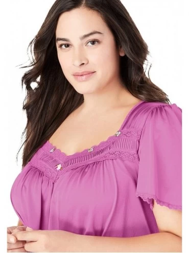 Nightgowns & Sleepshirts Women's Plus Size Short Silky Lace-Trim Gown Pajamas - Deep Teal (0346) - CB1908O3T9I $30.34