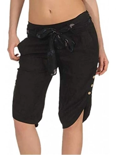 Bottoms Women Capri Pants Plus Size Summer Loose Lounge Belt Pockets Pants with Button Hem Decor - Black - CV18TGWIS3K $27.20