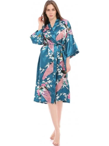 Robes Women's Lounge wear Satin Kimono Robe Peacock Pajamas for Women - Teal - CH186708U4K $17.38