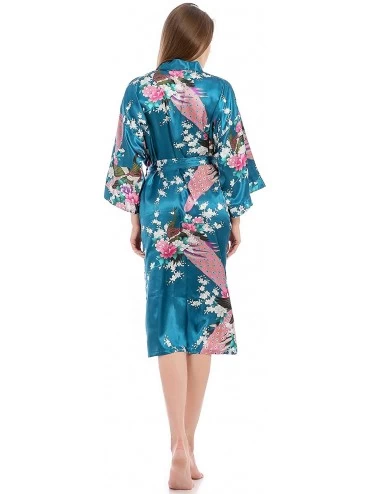 Robes Women's Lounge wear Satin Kimono Robe Peacock Pajamas for Women - Teal - CH186708U4K $17.38