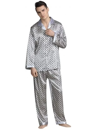Sleep Sets Men's Classic Printed Silk Home Service Pajamas Set Button-Down Sleepwear Loungewear - Black - CO194N7KY77 $40.56