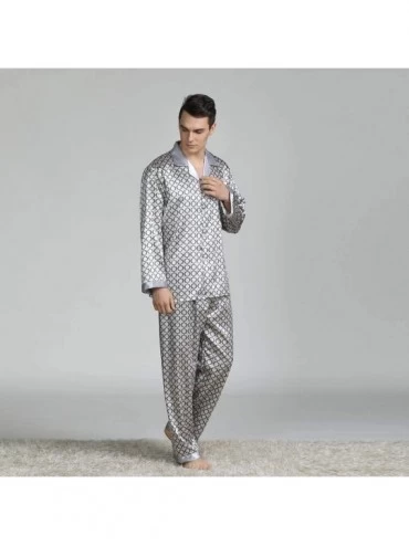 Sleep Sets Men's Classic Printed Silk Home Service Pajamas Set Button-Down Sleepwear Loungewear - Black - CO194N7KY77 $20.28