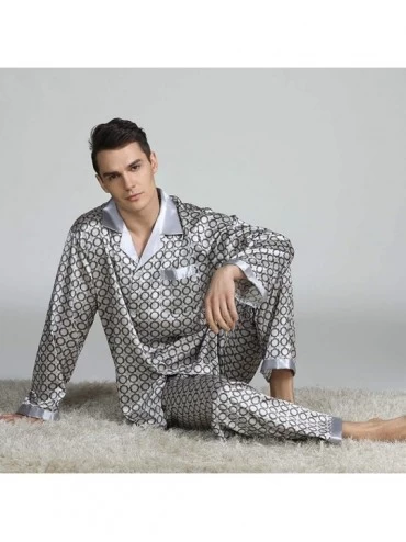 Sleep Sets Men's Classic Printed Silk Home Service Pajamas Set Button-Down Sleepwear Loungewear - Black - CO194N7KY77 $20.28