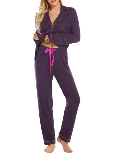 Sets Pajamas Set Long Sleeve Sleepwear Womens Button Down Nightwear Soft Pj Lounge Sets XS-XXL - Fuchsia - CI18K3DO2OZ $37.92