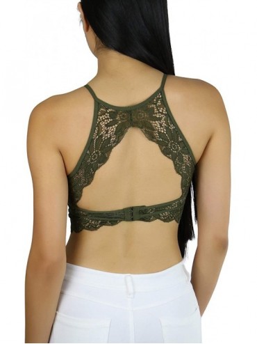 Bras Women's Keyhole High Neck Stretch Lace Bralette with Lined Cups - Dark Olive - CP18U4I5AXO $25.14