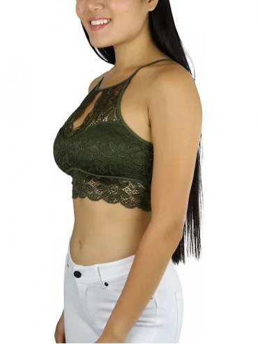 Bras Women's Keyhole High Neck Stretch Lace Bralette with Lined Cups - Dark Olive - CP18U4I5AXO $10.45