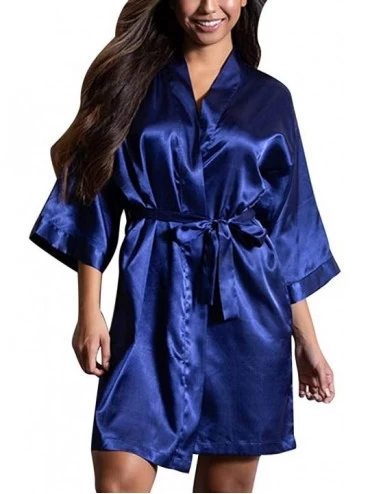 Robes Women's Kimono Robes Dressing Gown Satin Nightdress Lingerie V-Neck Nightwear - Blue - C619032S0UU $29.77