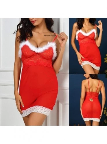 Thermal Underwear Women Lace Chemises Backless Lingerie Nightdress Christmas Pajamas Underwear Mini Dress and Thong Set - Red...