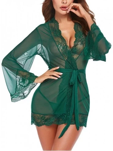 Baby Dolls & Chemises Women Lace Kimono Robe Babydoll Sexy Lingerie Mesh Chemise Nightgown Cover Up - Green - CA198D4W7Q8 $34.22