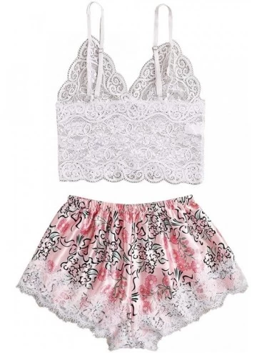 Sets Women's Lace Scalloped Trim Cami Top with Satin Shorts Pajama Set Sleepwear - Pink3 - CM190KZQD62 $35.34