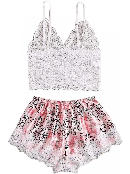 Sets Women's Lace Scalloped Trim Cami Top with Satin Shorts Pajama Set Sleepwear - Pink3 - CM190KZQD62 $19.85