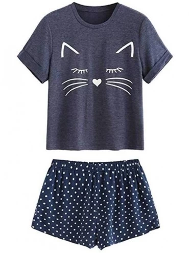 Sets Sleepwear Falda Women's Casual Cat Shorts Short Sleeve Ruffled T-Shirt Sleepwear Nightwear Set - Navy - CN18RH7MEO9 $34.13