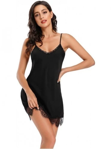Nightgowns & Sleepshirts Womens Cotton Lace Nightgown Comfy Soft Sleeveless Cami Sleepwear Spaghetti Strap Slip Dress - Black...