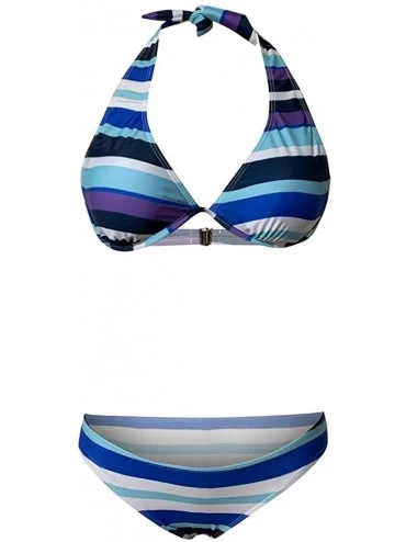 Slips Women Contrast Color Stripes Halter Push Up Bandeau Bikini Two Piece Swimsuits Split Beachwear Sets - Blue - CV194KIOCM...