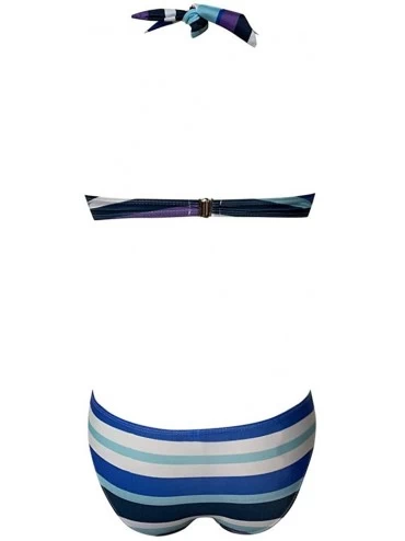 Slips Women Contrast Color Stripes Halter Push Up Bandeau Bikini Two Piece Swimsuits Split Beachwear Sets - Blue - CV194KIOCM...