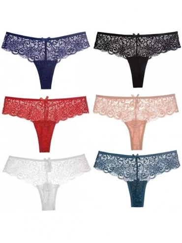 Panties Women's Lace Thong Panty Low Rise Waist Sexy Panties - 6 Pack Black White Bare Red Navy Darkgreen - CB18ZGG9879 $30.82