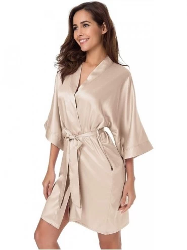 Robes Womens Satin Robe Silky Kimono Bathrobe for Bride Bridesmaids Wedding Party Loungewear Short XS XXL Light Champagne - C...