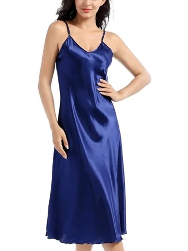 Nightgowns & Sleepshirts Women's Satin Nightgown Dress Deep V Neck Spaghetti Strap Long Chemise Sleepwear - Dark Blue - C6194...