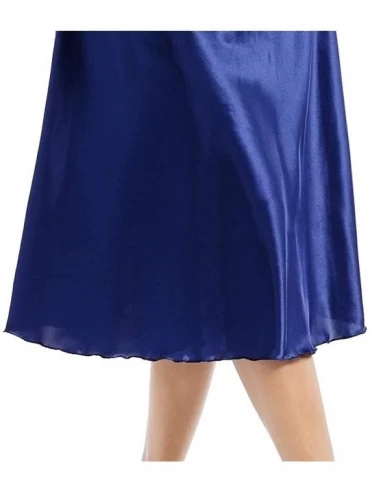 Nightgowns & Sleepshirts Women's Satin Nightgown Dress Deep V Neck Spaghetti Strap Long Chemise Sleepwear - Dark Blue - C6194...