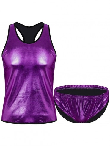 Undershirts Men's 2 Piece Lingerie Set Shiny Metallic Vest Tank Tops with Briefs Underwear Outfits - Purple - CG1905OD2ZG $38.79