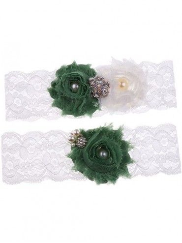 Garters & Garter Belts 2pcs/Set Wedding Lace Flower Pearls Crystal Leg Garter - Green - CI19CKD6NTW $37.05