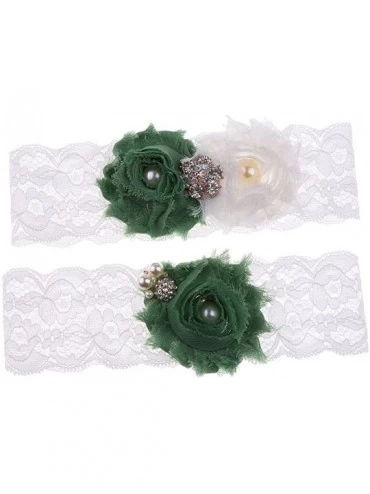 Garters & Garter Belts 2pcs/Set Wedding Lace Flower Pearls Crystal Leg Garter - Green - CI19CKD6NTW $32.06