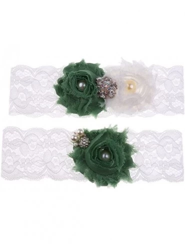 Garters & Garter Belts 2pcs/Set Wedding Lace Flower Pearls Crystal Leg Garter - Green - CI19CKD6NTW $13.74