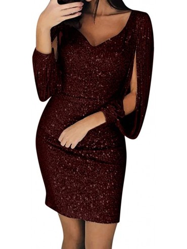 Slips Fashion Womens Dresses Sexy Solid Sequined Stitching Shining Club Sheath Long Sleeve Mini Dress Cocktail Party Dress - ...