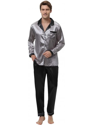 Sleep Sets Mens Silk Satin Pajama Set Luxury Sleepwear Long Sleeve Boxer Pajamas Set - Gray - CV18H84NMEM $54.10
