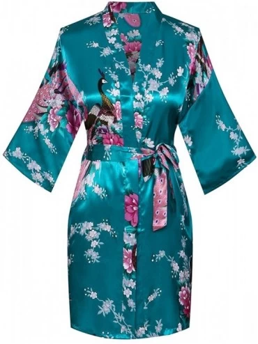 Robes Women's Short Floral Kimono Robe Peacock&Blossom Bridesmaid Robe for Wedding - Atrovirens - CL12IP786H5 $12.60