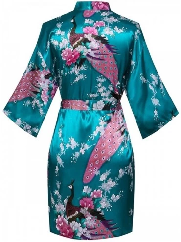 Robes Women's Short Floral Kimono Robe Peacock&Blossom Bridesmaid Robe for Wedding - Atrovirens - CL12IP786H5 $12.60