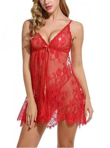Slips Womens Nightgown Cardigan Sexy Bowknot Lace-up Spaghetti Strap Chemise Lingerie - Red - CR193U38O3I $23.73
