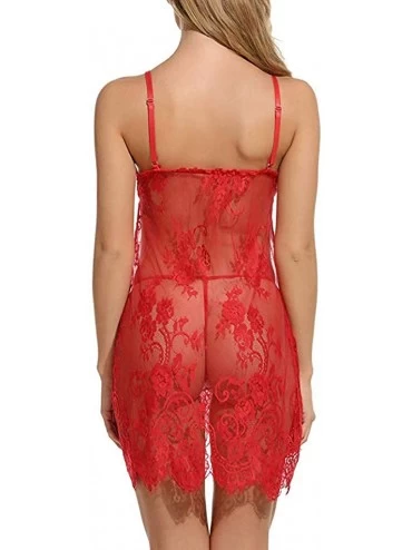Slips Womens Nightgown Cardigan Sexy Bowknot Lace-up Spaghetti Strap Chemise Lingerie - Red - CR193U38O3I $15.62