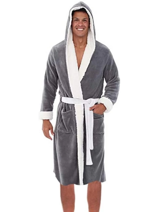 Robes Men's Bathrobe- Men's Winter Plush Lengthened Shawl Bathrobe Home Clothes Long Sleeved Robe Coat Robe-Gray-XL - Gray - ...