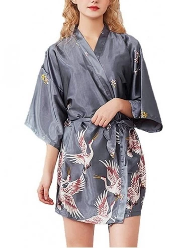 Robes Women Summer Mid Sleeved Artificial Silk Pajamas Nightwear Sleepwear Plus Size Home Robe Bathrobe Nightgown Grey - C319...
