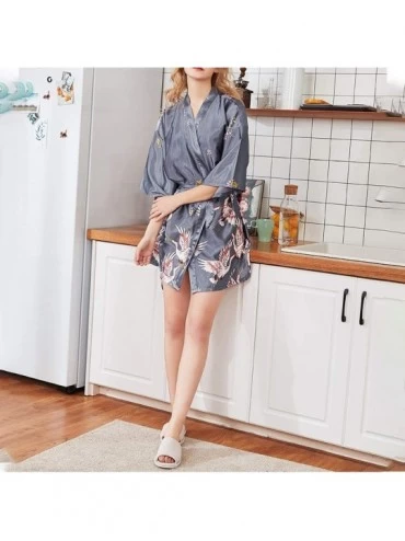 Robes Women Summer Mid Sleeved Artificial Silk Pajamas Nightwear Sleepwear Plus Size Home Robe Bathrobe Nightgown Grey - C319...