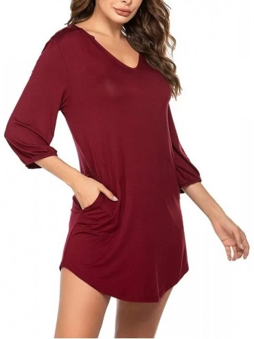 Nightgowns & Sleepshirts Sleepwear Womens Nightshirts 3/4 Sleeve Nightgown Sexy Pajamas V Neck Soft Nightdress - Wine Red - C...